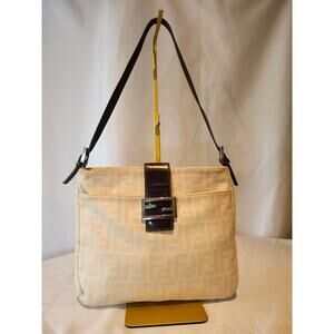 Fendi Zucca Mamma Baguette Cream Beige Canvas Shoulder Bag Brown Leather Trim